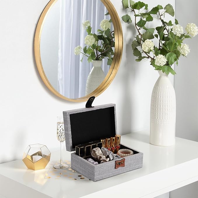 Hipiwe Jewelry Storage Box Treasure Chest Wooden Box with Linen Covered Rectangular Gray Keepsake Case with Clasp Dcorative Photo Storage Organizer for Women Gift, Small