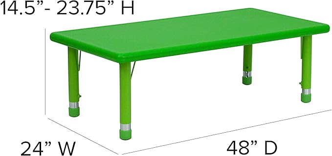Flash Furniture Emmy 24''W x 48''L Rectangular Green Plastic Height Adjustable Activity Table Set with 6 Chairs