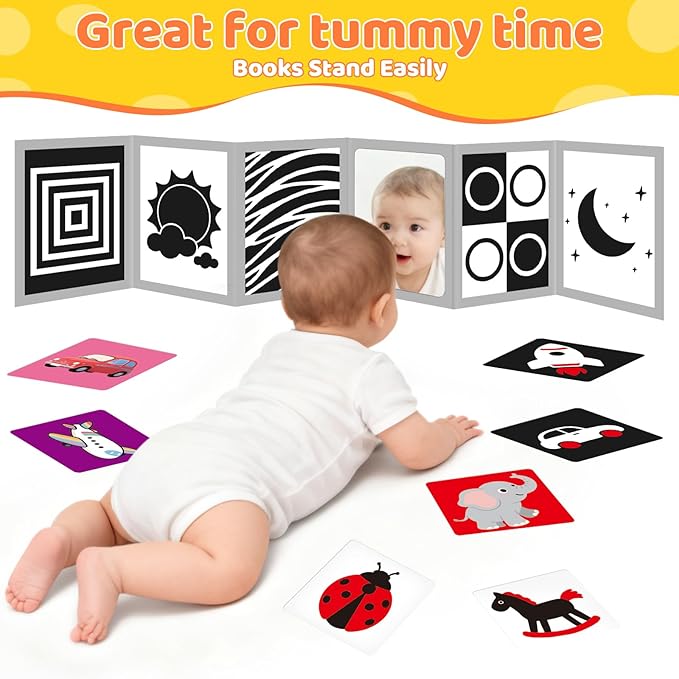 Tummy Time Toys with Baby Mirror & 9 Black White Contrast Cards, High Contrast Baby Book,Newborn Toys 0-3 6 Months for Visual Stimulation, Brain Development, Tummy Time Essentials