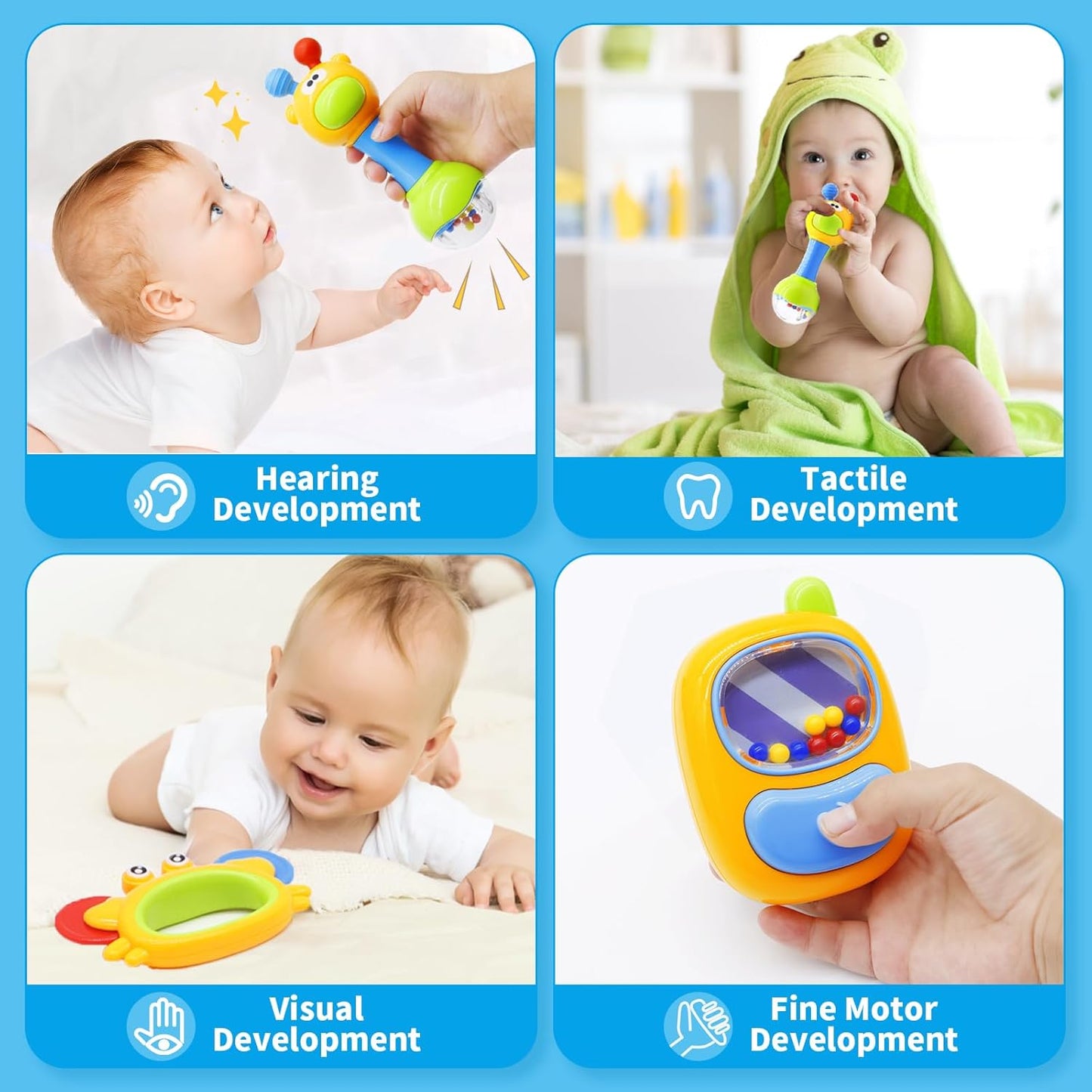MOONTOY 3pcs Baby Rattles Toy Set, Baby Toys 0-6 Months Infant Toys 6-12 Months Teethers for Babies 3-6 Months Easter Basket Stuffers Gifts, Sensory Teething Toys 0 1 2 3 4 5 6 Month Newborn Boy Girl