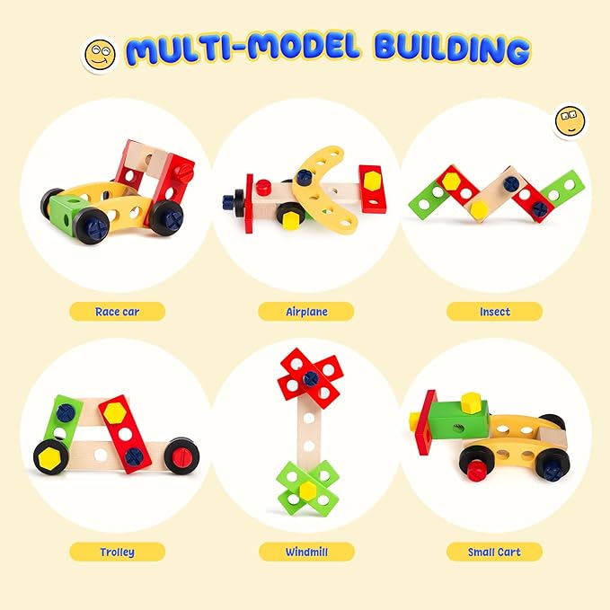 Kids Tool Set with Drill, Montessori Toys for 3 4 5 6 Years Boys Girls, Toddler Stocking Stuffers, Kids Christmas Toys, 37 Pcs Wooden STEM Construction Learning Pretend Play Games