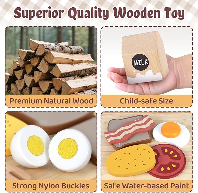 Airlab Toy Food for Toddler 3-5 Pretend Play Kids Kitchen Playset Breakfast Cutting Food Girl Boy Birthday Gift Age 3 4 5 6 Year Old Wood Educational Toys Kitchen Accessories