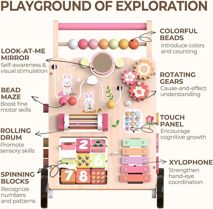 Baby Push Walker, Wooden Baby Walker with Wheels, Montessori Activity Center for 1 2 3 Years Old Boys Girls, Adjustable Speed & Height Push Toy for Toddler Learning to Walk, Gift for Kids Development