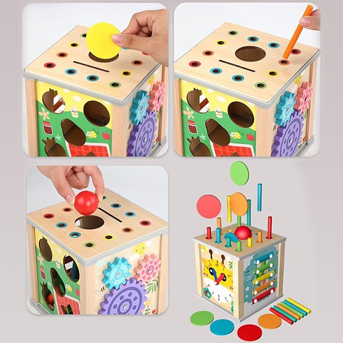 Toddlers Montessori Wooden Educational Toys, Wooden Baby Activity Cube,10 in 1 Carrot Pulling Baby Toy Gifts for 1+ Year Old Girls & Boys, Animal Shape Sorting Cube Toys for Kids