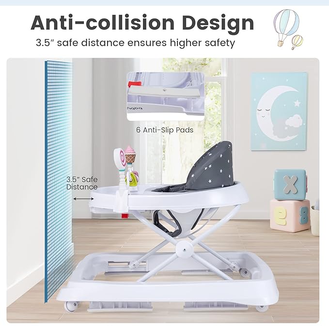 BABY JOY Baby Walker, Foldable Activity Walker with Adjustable Height, Large Tray & Removable Toys, Baby Walker with Wheels for Boys Girls 6-18 Months (Gray, Star Pattern)