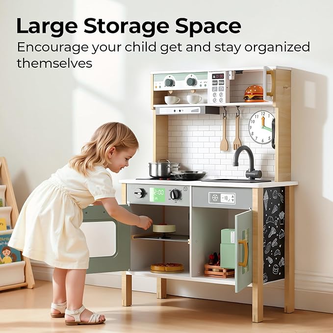 Play Kitchen Wooden Kids Kitchen Playset Pretending Toys for Toddlers with Real Lights & Sounds, 3 Heights Adjustable, Chalkboard, 35Pcs Toy Food & Cookware Accessories-Green