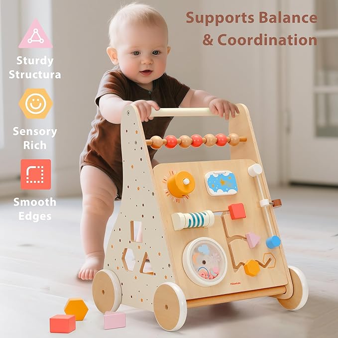 Wooden Baby Walker, Baby Push Walker, Montessori Activity Center Push Toy, Ajustable Speed Baby Walker with Wheels for Toddlers Learning to Walk 12m+