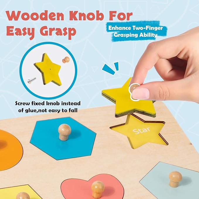 Montessori Toy for Babies 12-18 Months Wooden Shape Puzzles for Toddlers 1-3,Shape Peg Puzzles,Baby Puzzle 12-18-24 Months with Knob,Color & Shape Sorter for Toddlers(12 Geometric Shapes)