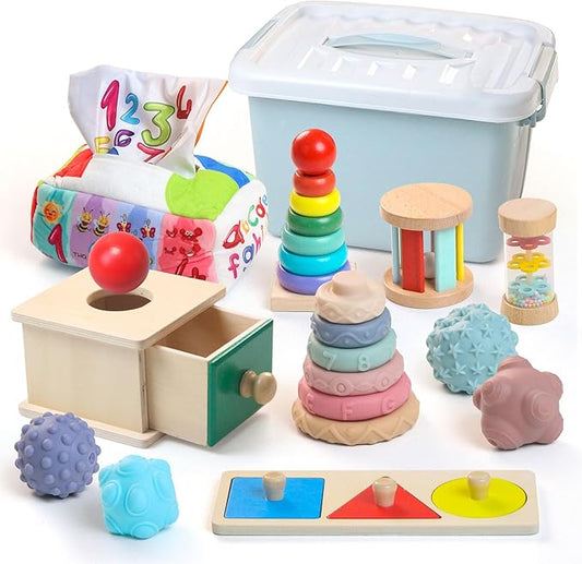 Montessori Toys for Babies 6-12 Months,8 in 1 Developmental Learning Toys Set Wooden Sensory Toys for Baby Toys 12-18 Months (Includes Tissue Box Toy,Stacking Cups and More)