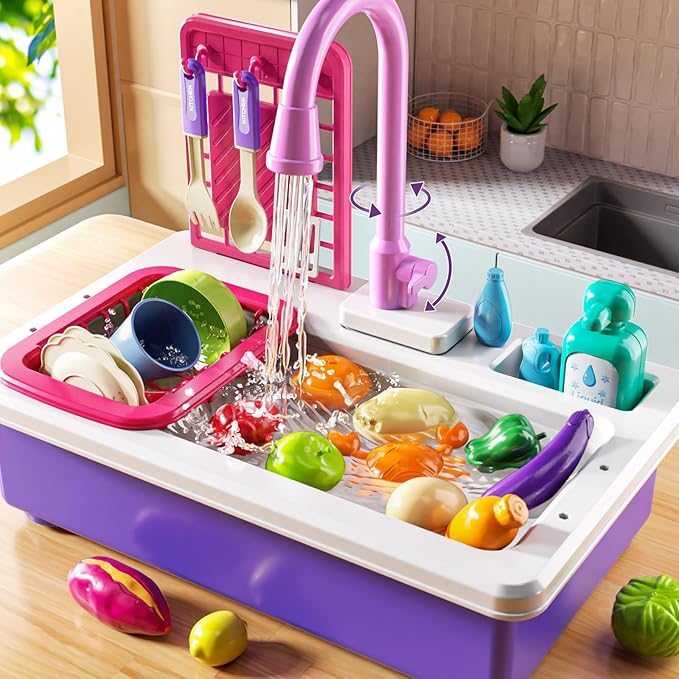 Play Sink with Running Water, Play Kitchen Toys Sink for Kids 3 4 5 6 7 Years Old, Electrical Dishwasher, Kitchen Accessories Set, Dishes Games, Gifts for Toddlers 3-5
