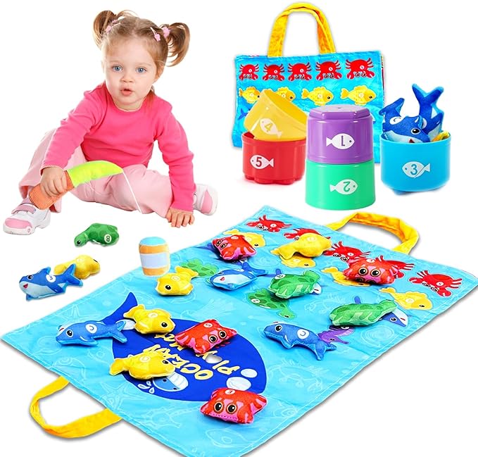 Montessori Toys for 1 Year Old, 22PCS Cloth Fishing Game with Stacking Cups Sensory Baby Toys 6-12 Months,Toddler Education Learning Toys for 1 2 Year Old Boy Girl Gifts (Sea Animals)