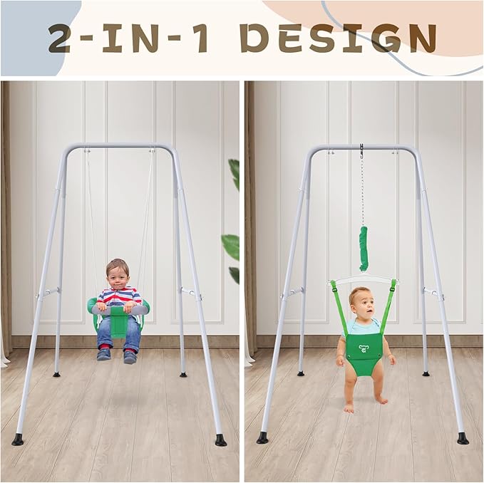 2 in 1 Baby Jumper with Swing-Indoor and Outdoor Use, Baby Jumpers and Bouncers, Toddler Swing with Foldable Stand（Green）