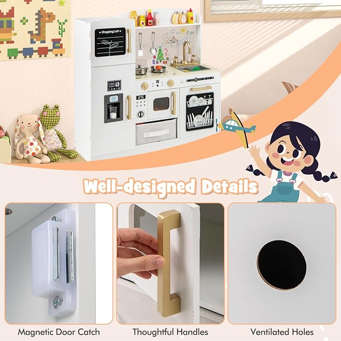 HONEY JOY Kids Kitchen Playset, Wooden Toy Kitchen Set with Lights & Sounds, Microwave, Ice Maker, Storage Box, Interactive Little Chef Pretend Play Kitchen for Toddlers, Gift for Boys Girls (White)