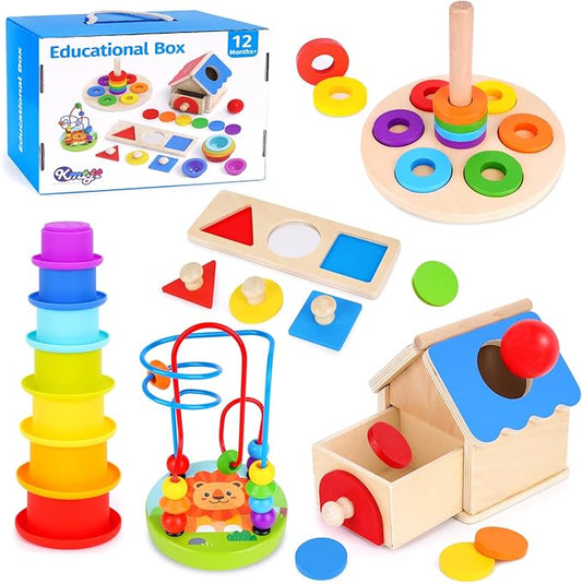 KMTJT Montessori Educational Toys for 1+ Year Old Toddler, 1st First Birthday Gifts for 1-2 Years, (Includes Stacking Cups, 2 in 1 Object Permanence Box, Bead Maze, Mirror Puzzle and More)…