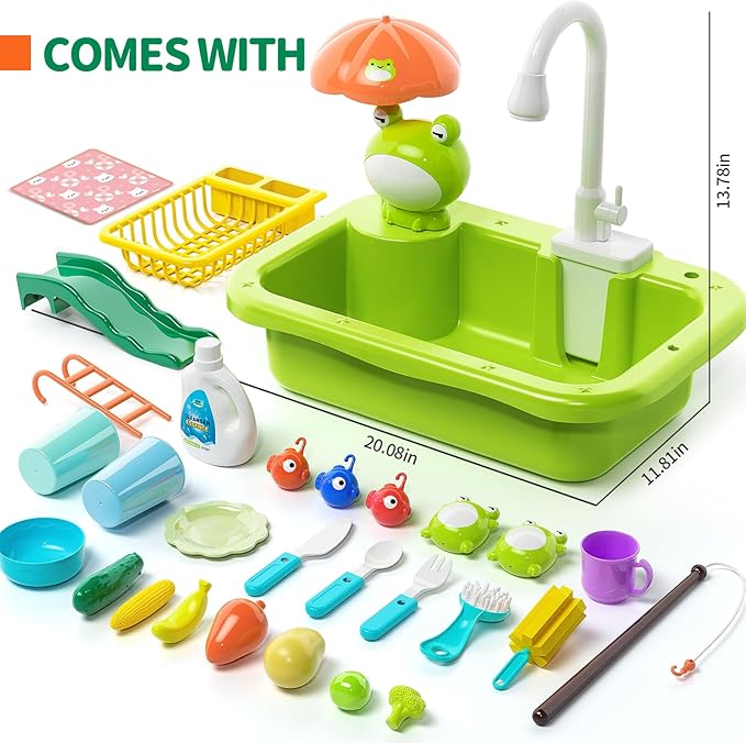 Play Sink with Running Water, Kitchen Play Sink Toy with Electric Faucet, Play Kitchen Accessories, Floating Pool Toys & Fishing Game, Kids Pretend Play-Dishwasher Play Set for Boys Girls Toddlers