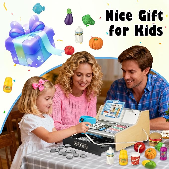 Wooden Cash Register for Kids with Shopping Cart Rechargeable Kid Cash Register with Scanner Gift for Kids Age 3 4 5 6 7 8 9 Year Old Pretend Play for Toddlers Toys for 3-12 Year Old Boys