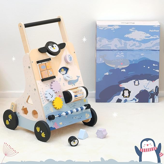 PairPear Polar Explorer Wooden Baby Walker, Montessori 9-in-1 Activity Push Walker Activity Center Toys with Adjustable Speed & Height, Penguin Mirror, Shape Sorter Learning Toys Gift for Toddler 1-3