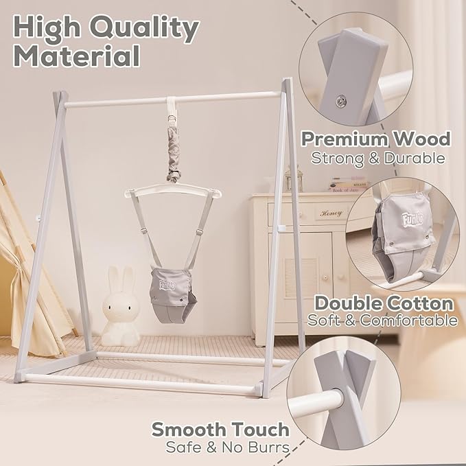 FUNLIO Montessori Wooden Baby Jumper with Stand for 6-36 Months, Adjustable Baby Bouncer for Indoor/Outdoor Play, Foldable Toddler Jumper for Baby Girl/Boy, Easy to Assemble & Store - Grey