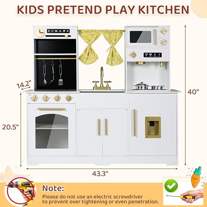 MAMIZO Kids Play Kitchen, Wooden Pretend Toy Kitchen, Large Toodler Cooking Playset, Stove and Water Dispenser w/Sound & Light, Sink, Microwave, Curtain, Modern Home Style for Ages 3+ (White)
