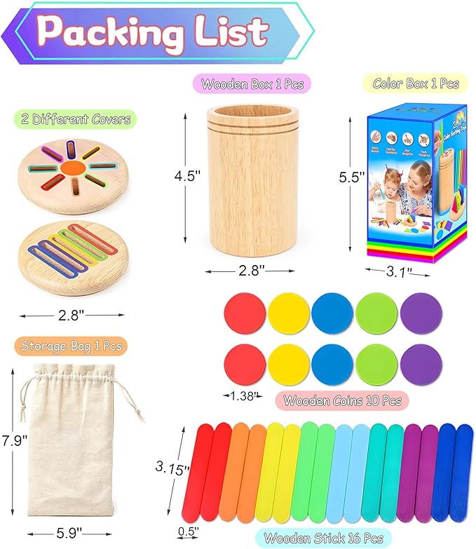 Montessori Toys for Toddlers,Wooden Learning Color Shape Sorting Toy for Baby,2-in-1 Wood Stick Coin Educational Fine Motor Developmental Sensory Matching Games, Girl for Boy Child Gifts