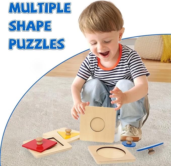 Adena Montessori Colorful Multiple Shape Puzzles Toys for 6-12 Months 1 Year Old Toddler Babies First Shapes Geometric Jumbo Knob Wooden Puzzle Color Sorter (4 Pieces)
