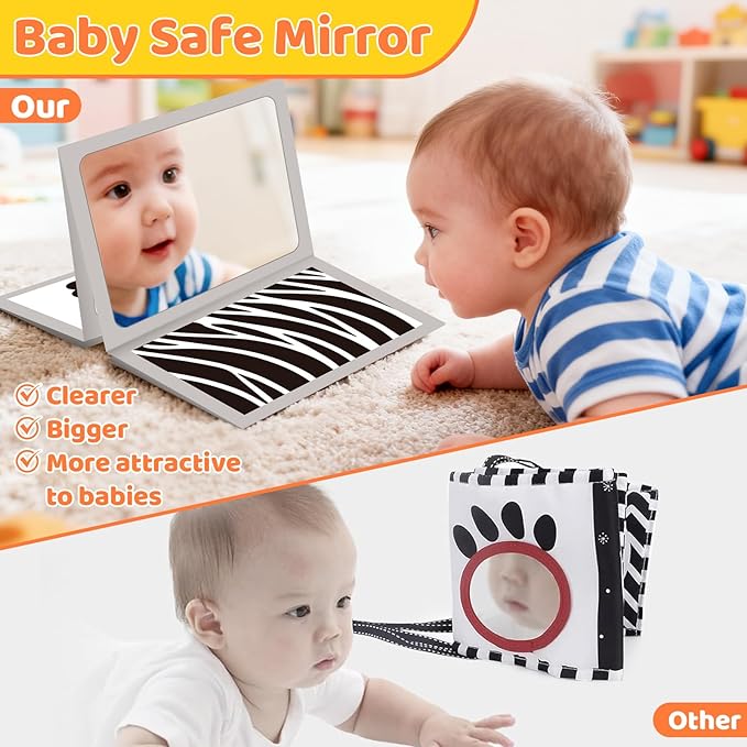 Tummy Time Toys with Baby Mirror & 9 Black White Contrast Cards, High Contrast Baby Book,Newborn Toys 0-3 6 Months for Visual Stimulation, Brain Development, Tummy Time Essentials