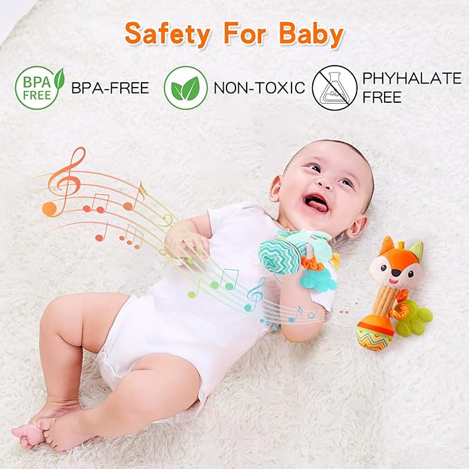 Baby Rattles 0-6 Months，Baby Soft Rattles Shaker，Hand Grab Sensory Shaker,Teething Toys for Babies 6-12 Months，Sensory Plush Animal Toys for 0 3 6 9 12 Months Newborn Toys, 2PCS