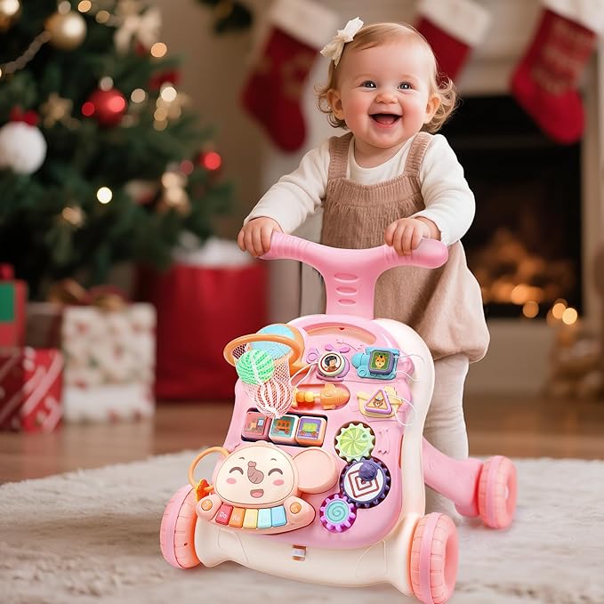 CUTE STONE 2-in-1 Baby Walker for Girls, Toddlers Learning Walker, Early Educational Push Walking Toys with Detachable Activity Center for Infants 12+ Months
