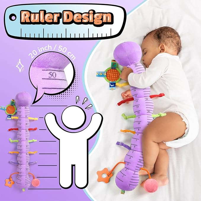 LIGHTDESIRE Baby Toys Musical Caterpillar,Infant Toys 3 6 12 Months Sensory Toy with Ruler Design,Mirror,Pull String,Crinkle&Ring Bell,Baby Teething Toy for Tummy Time Boy Girl Gifts (Lavender Purple)