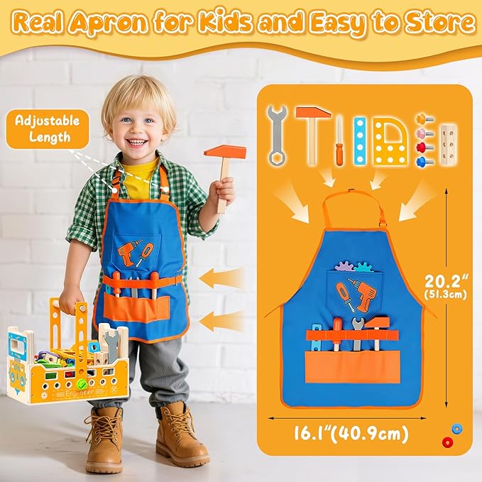 Kids Tool Set with Drill&Apron ,85pc Toddler Play Tool Drill and Screw Toys Pretend Play Wooden Construction Kits for Kids Ages 3-8,Christmas Birthday Gift for Boys Girls
