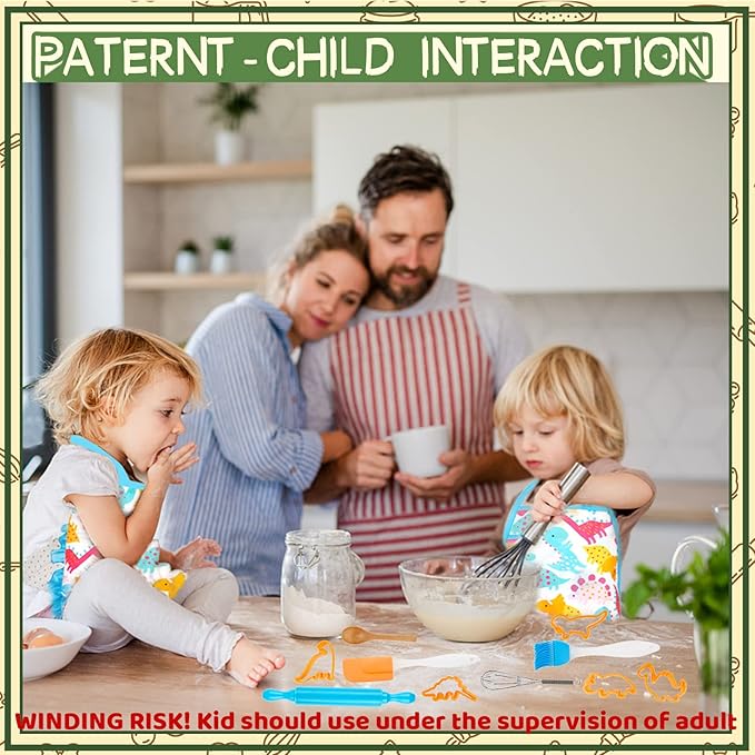 KAEGREEL Kids Baking Chef Set, 26Pcs with Dinosaur Apron & Hat Role Play Cooking Chef Cooking Dress Up Toys, Pretend Play Kitchen Toys Gifts for Boys Girls Aged 3-8