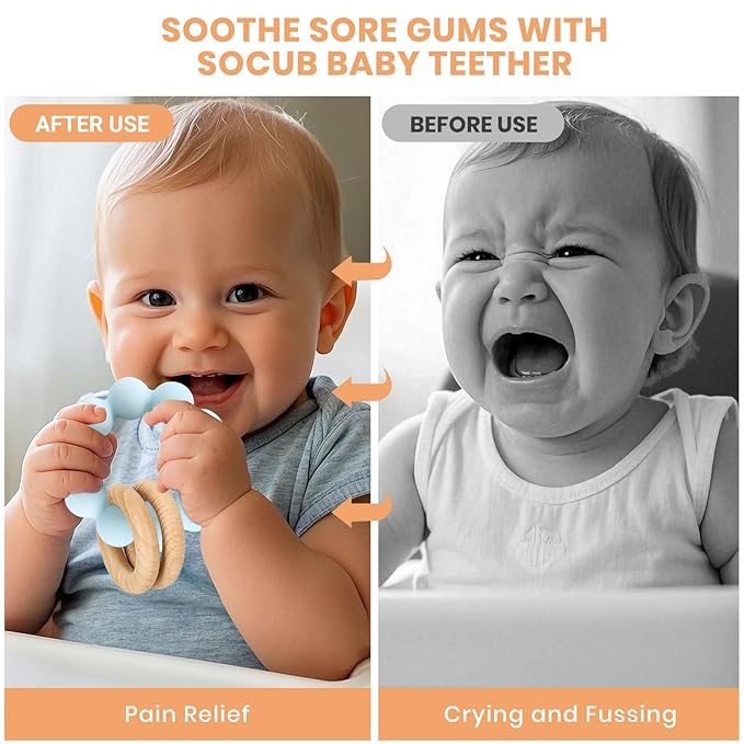 Socub Baby Teething Toys for 0-6 6-12 Months | BPA-Free Food-Grade Silicone & Natural Beech Wood Teether Ring for Newborn Infants Teething Relief | Easy-Grip Sensory Rattle Toys(Baby Blue)