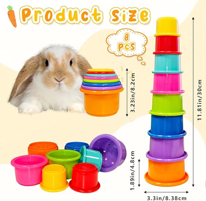 8 Pcs Stacking Cups for Small Animal Toys,Nesting Rabbit Toys of Different Sizes,Safe Plastic Colorful Nesting Toys for Bunny Guinea Pig Hiding Food and Playing (Bright Colors)
