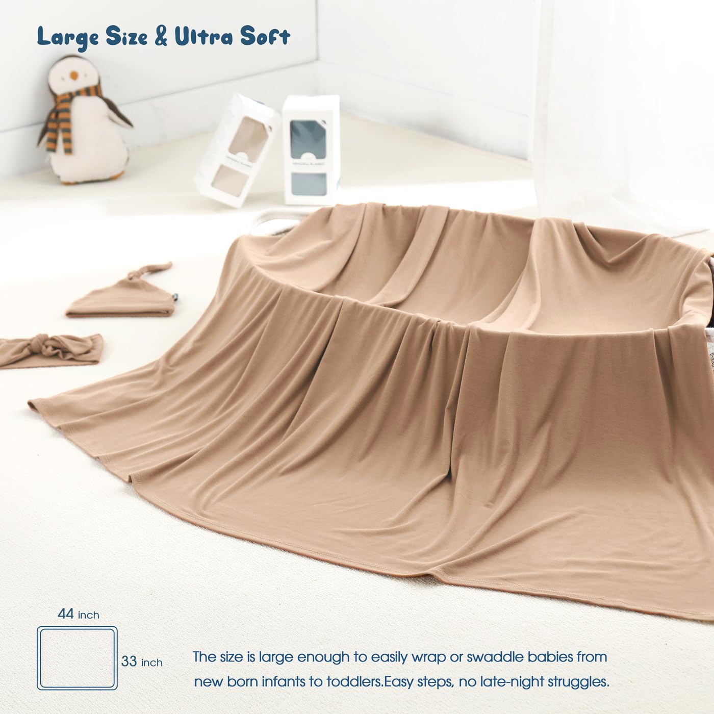 GRSSDER Newborn Swaddle Blanket, Ultra Soft Jersey Receiving Blanket with Matching Headband and Beanie Set 33×44", Stretchy Baby Neutral Swaddle Wrap for Girls and Boys