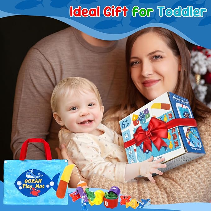 Letoya Toddler Toy Montessori Toys for 1 Year Old Boy Girl Birthday Gifts, Cloth Fishing Game for Toddlers 1-3 with Stacking Cups-Number Counting, Shape Learning Toys