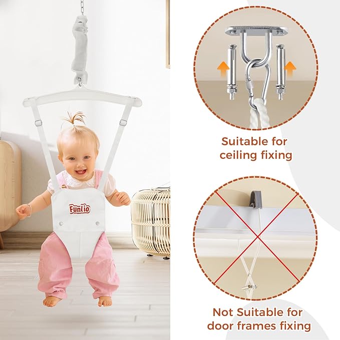 FUNLIO Baby Jumper with a Ceiling Hook for 6-24 Months, Infant Jumper Doorway with Adjustable Chain, Baby Door Jumper for Indoor/Outdoor Play, Easy to Assemble & Store (with a Ceiling Hook) - White