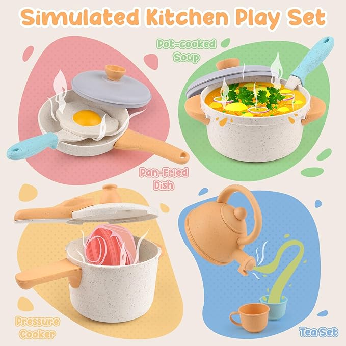 Dreamon Kids Play Kitchen Accessories, Pretend Play Cooking Toys Set, Cookware Pots and Pans Utensils Playset for Toddlers, Kids Kitchen Cooking Play Set Gifts for Boys Girls 3 4 5 6 Years Old