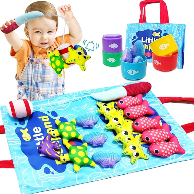 Montessori Toys for 1 Year Old, Cloth Fishing Game Toddler Toys with Stacking Cups, 22 Pcs Sorting Learning Baby Toys 12-18 Months, Birthday Gifts for 1 2 3 Year Old Boys Girls
