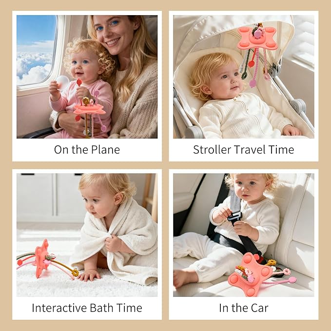 Silicone Montessori Sensory Toys for 18 Months Baby, Drawstring Activity Toy, Early Learning Fine Motor Skills Toys, Car Seat Airplane Travel Teething Toys (Pink)