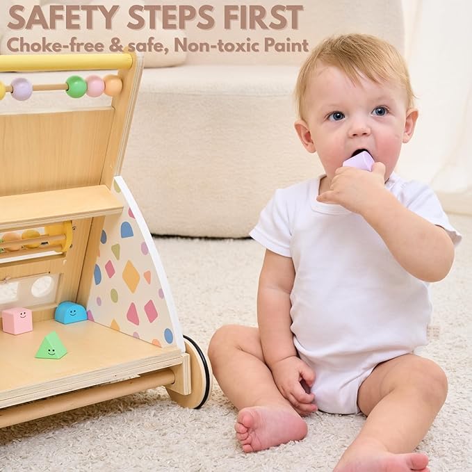 Wooden Baby Walker, Montessori Push Walker｜Busy Board for Fine Motor Skill Development｜Upgraded 2.0 Brake System Speed Control & Full Stop｜Baby Walker with Wheels for Boys and Girls 1+yr