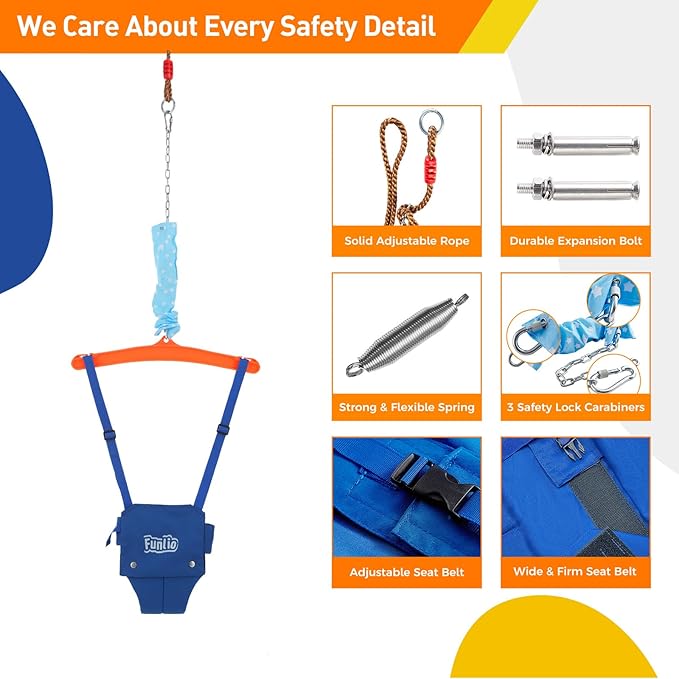 FUNLIO 2 in 1 Baby Jumper with a Ceiling Hook, Baby Walking Harness for 6-24 Months, Baby Jumper for Indoor/Outdoor Play, Infant Jumper Doorway with Adjustable Chain, Easy to Assemble & Store - Blue