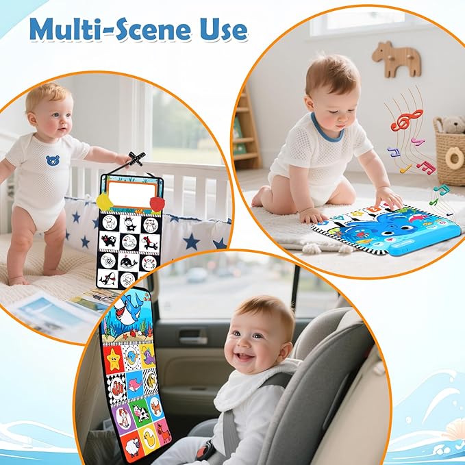 Tummy Time Mat Mirror Toys - Musical Activity Playmat Baby Toys for Newborn - Black and White High Contrast Montessori Sensory Crinkle Toy for Infant 0-3-6-12 Months Babies Boys Girls Shower Gifts