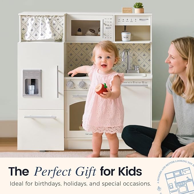 Tiny Land Play Kitchen for Kids, Upgraded Wooden Kitchen Toy with Complete Play Areas, Pretend Cooking Set with Sink, Stove, Microwave, Toy Coffee Station & Storage for Kids Ages 3+