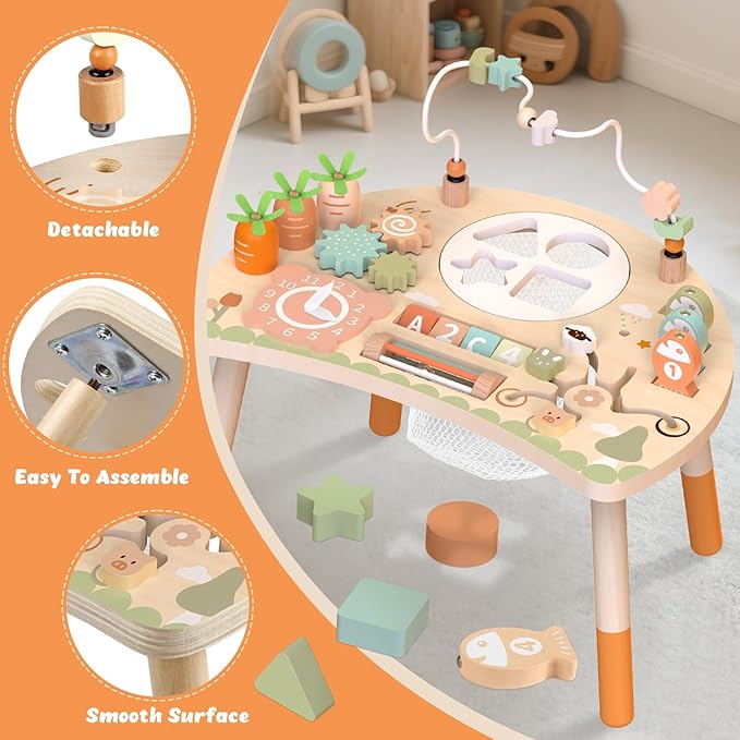 Activity Table, 9-in-1 Wooden Montessori Toy Activity Center with Shape Sorter Fishing Game Bead Maze, Baby Play Table Sensory Educational Toys for Toddler
