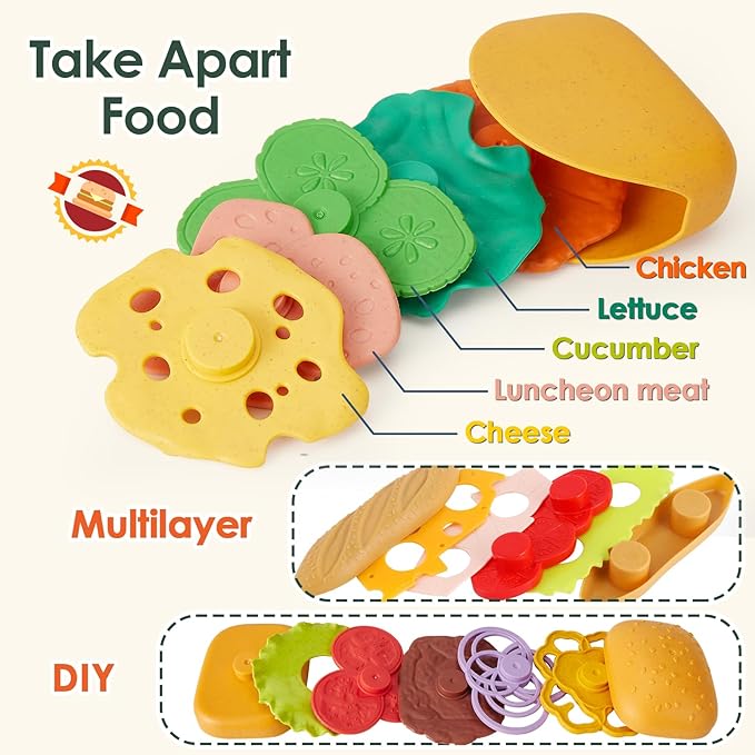 BUYGER Fast Food Play Food Toys for Kids Toddler Children Toy Kitchen Accessories Playset Plastic Toy Food Sets Pretend Play Gifts for 3 4 5+ Years Old