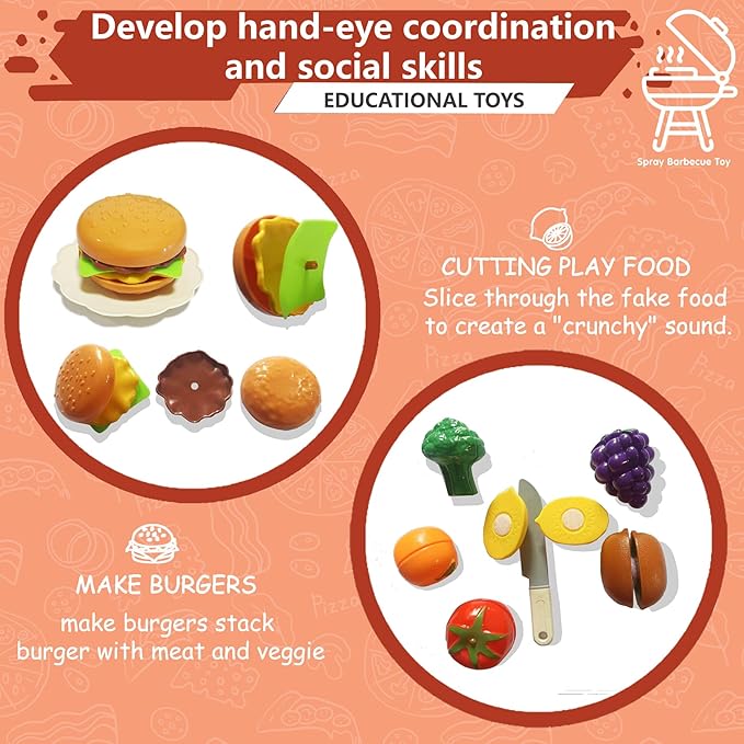 Play Kitchen Sets Toy for Toddlers 3-5, Indoor Outdoor Interactive Kids BBQ Grill Playset with Smoke, Sound & Light, Pretend Cutting Food, Christmas Birthday Gift for Boys and Girls 4-8.