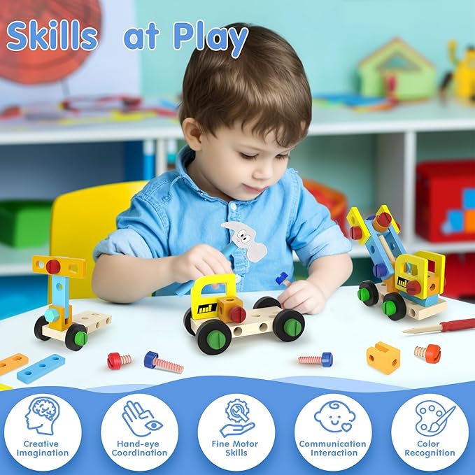 45 Pcs Kids Tool Set, Toddler Tool Set with Tool Box, STEM Construction Preschool Educational Toys for Age 3 4 5 6 7 Boys Girls, Wooden Tool Kits Toys, Christmas Birthday Present for Kids