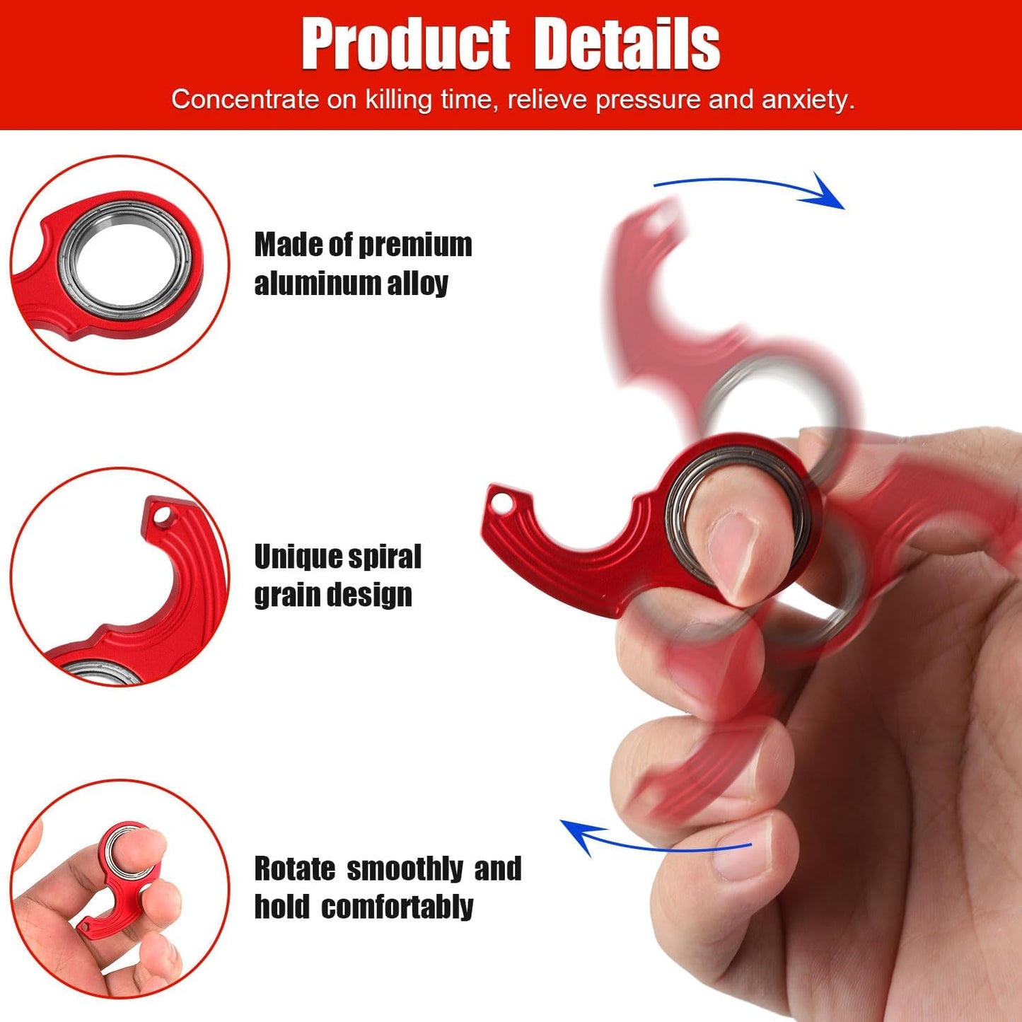 2pcs Key Chain Spinner Toys 0.67" Inner Diameter with 2pcs Key Rings, Finger Fidget Keychain Key Ring Spinner Toy Gifts for Kids Adults Finger Exercising Anxiety Relief (Black, Red)