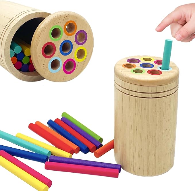 Wooden Montessori Sticks Toys for Kids, 8 Colors Natural Wood Toddler Learning Sorting Toys for 3 Year Old, Sensory Matching Game Birthday Gifts for Boys Girls (Round Sticks)