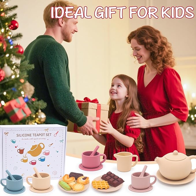 Silicone Tea Party Set for Little Girls Kids Toddlers Tea Set with Tea Pot Cups Food Pretend Play Kitchen Accessories Christmas Birthday Gift for Girls Age 3 4 5 6 Year Old Toys